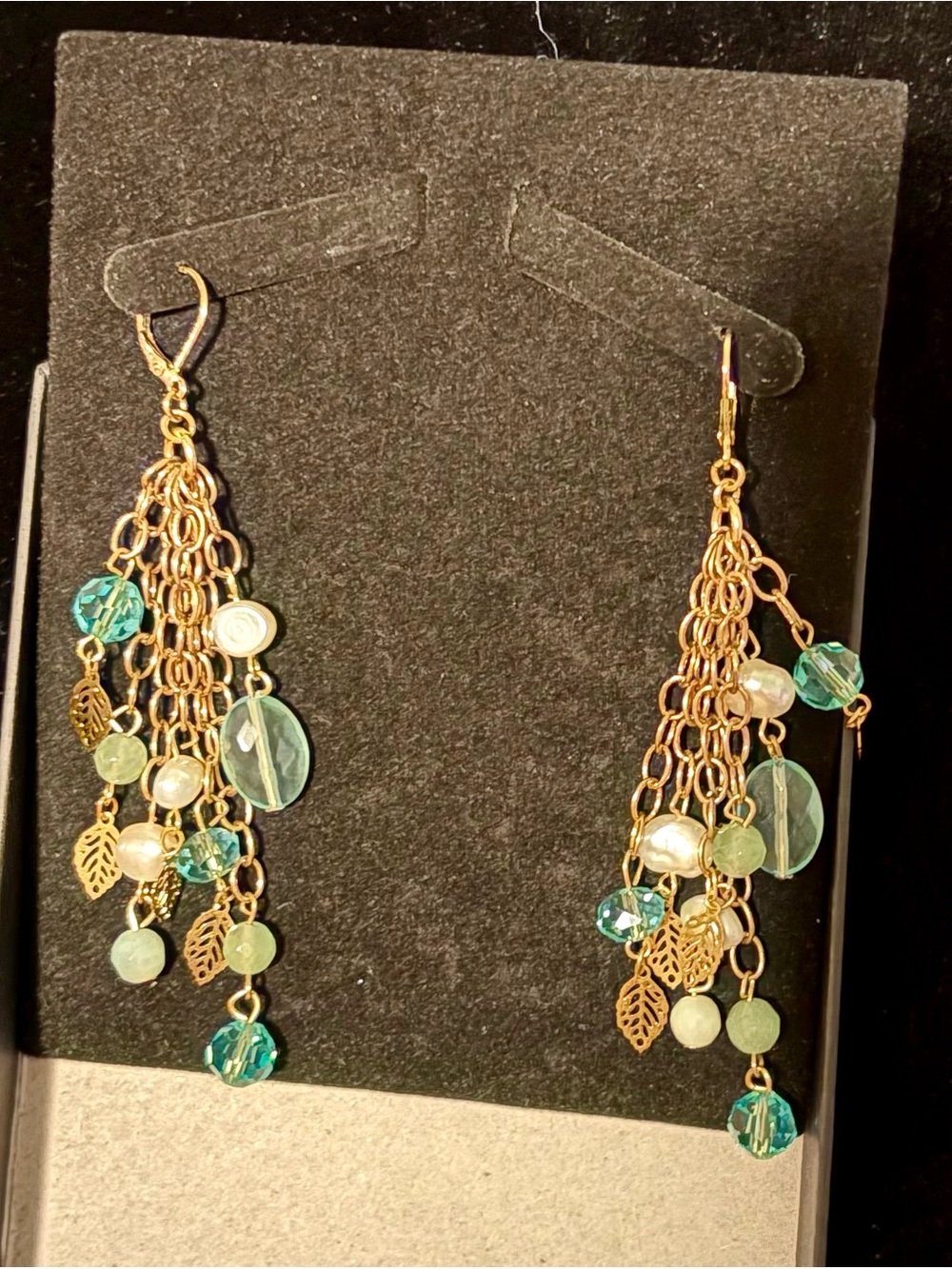 Gold Chain Dangle Earrings with Teal and Pearl Accents
